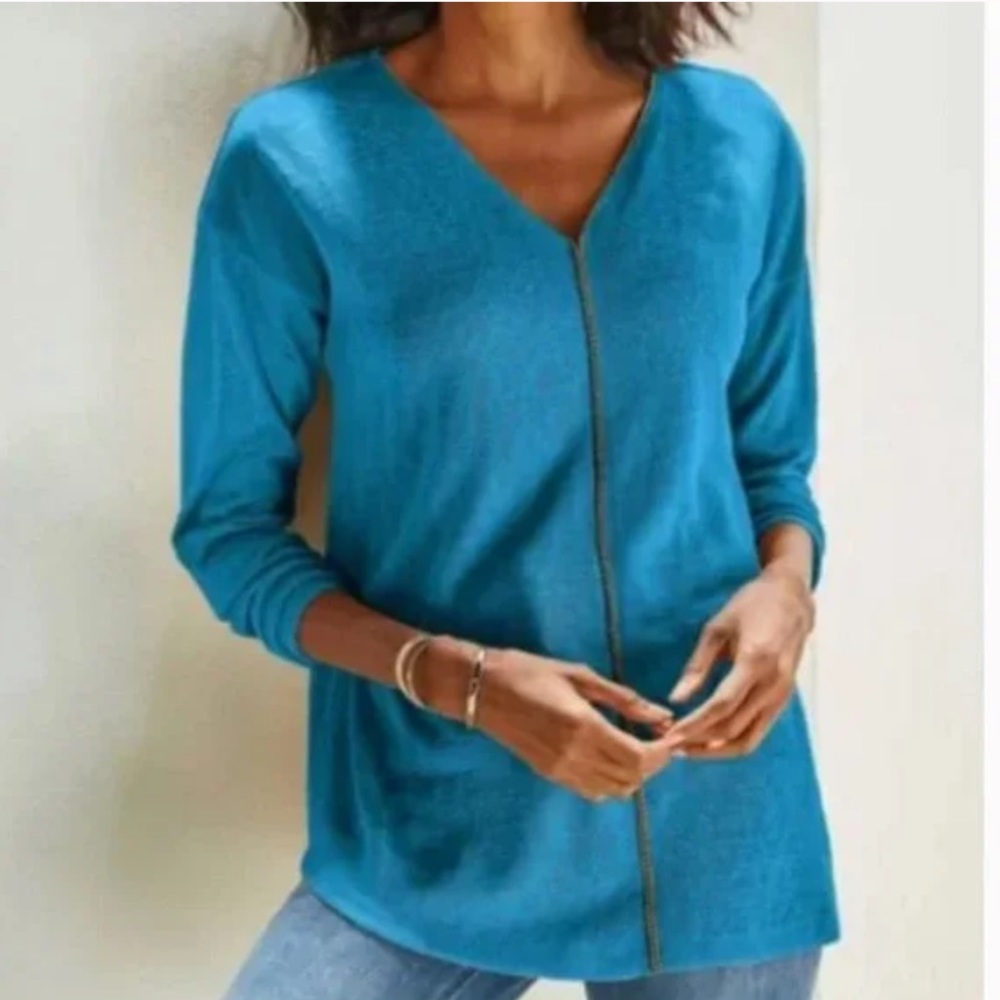 ❤️❤️ Soft Surroundings Akko Embellished V neck long sleeve sweater blue
